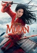 Zdjęcie okładki filmu "Mulan" - młoda piękna kobieta gotowa do zadania ciosu uniesionym nad rozwianymi długi włosami mieczem.