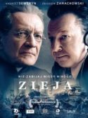 Zdjęcie okładki filmu "Zieja" -  zwrócone jak w policyjnej konfrontacji postaci księdza i urzędnika służby bezpieczeństwa na tle epizodów polskiej historii.