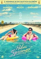 Zdjęcie okładki filmu, pt. " Palm Springs"  - kobieta i mężczyzna relaksują nad strumieniem wkomponowanym w wizerunek drogi międzystanowej Palm Springs.