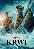 Zdjęcie okładki filmu, pt. " Zew krwi" - łódź indiańska z mężczyzną i psem w środku pośród górskiej kipieli rzecznej. 