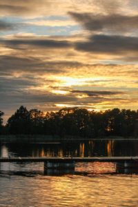 Złote refleksy świetlne zachodzącego słońca odbijające się na tafli Jeziora Sztynorckiego.