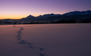 Pojedyncze ślady ludzkie odciśnięte w śniegu na rozległej polanie, w oddali panorama Tatr o zachodzie słońca.