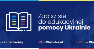 Baner informacyjny z tekstem: Zapisz się do edukacyjnej pomocy Ukrainie.