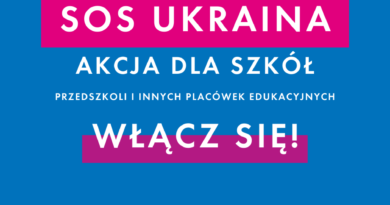 Baner informacyjny z tekstem: SOS Ukraina - akcja dla szkół - włącz się.