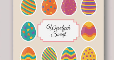 Kartka świateczna - kolorowe jajka po środku napis Wesołych świąt