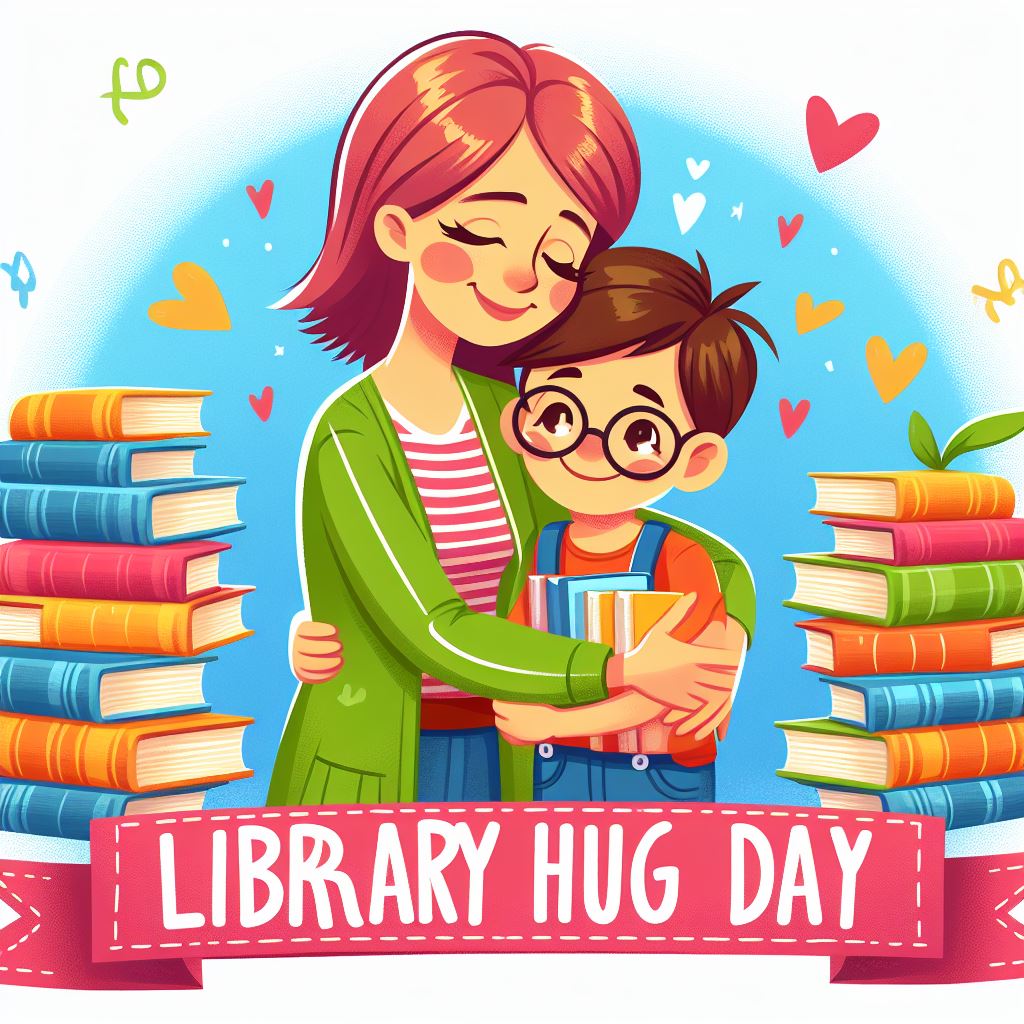 Obrazek przedstawiający chłopca przytulającego bibliotekarza