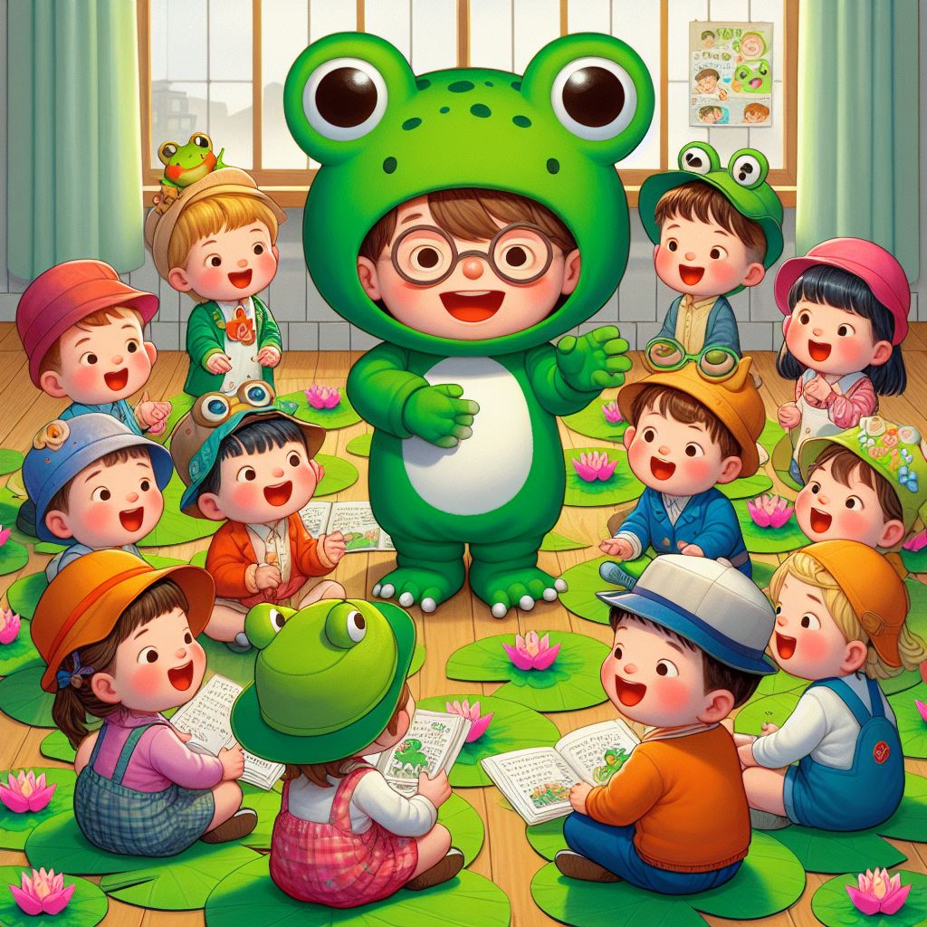 Obrazek przedstawiający dzieci siedzące na dywanie, dzieci mają przebrania w kształcie żaby.