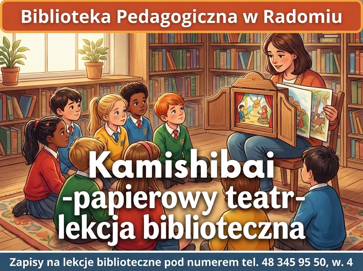 infografika: lekcja biblioteczna - Kamishibai - papierowy teatr.