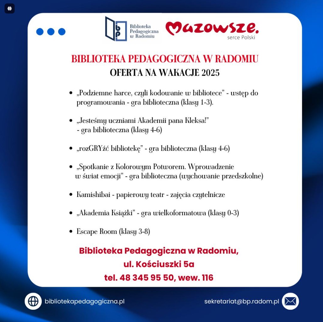 Infografika - oferta wakacyjna Biblioteki Pedagogicznej w Radomiu