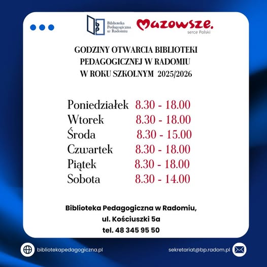 Infografika: zmiana godzin pracy Biblioteki w roku szkolnym