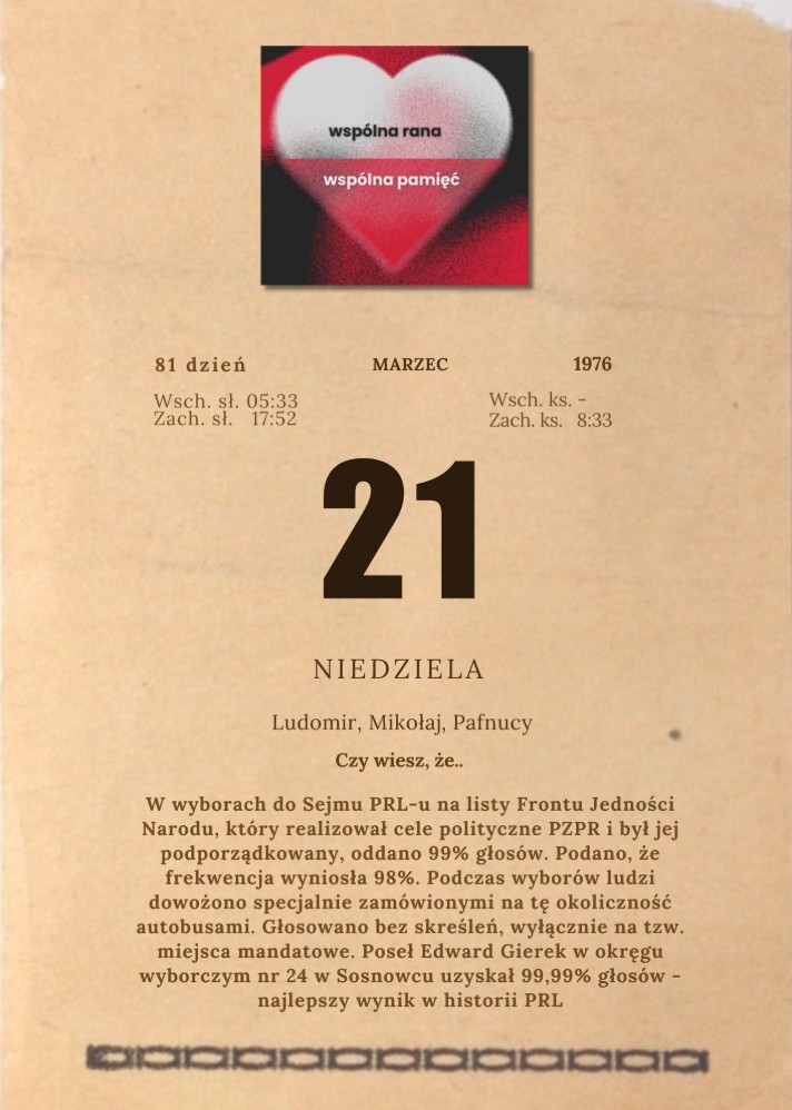 kartka z kalendarza - marzec - 1976