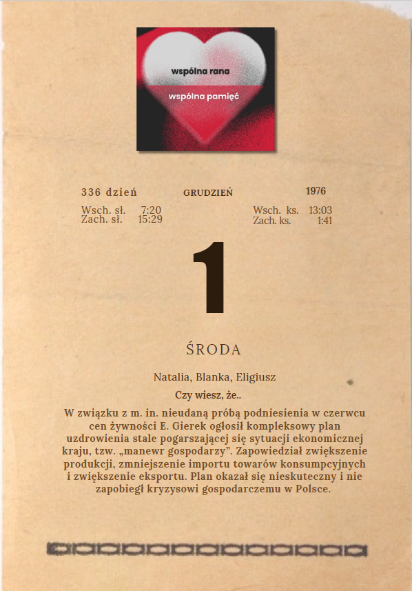 kartka z kalendarza grudzień 1976 r.