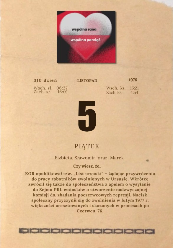 kartka z kalendarza listopad 1976 roku