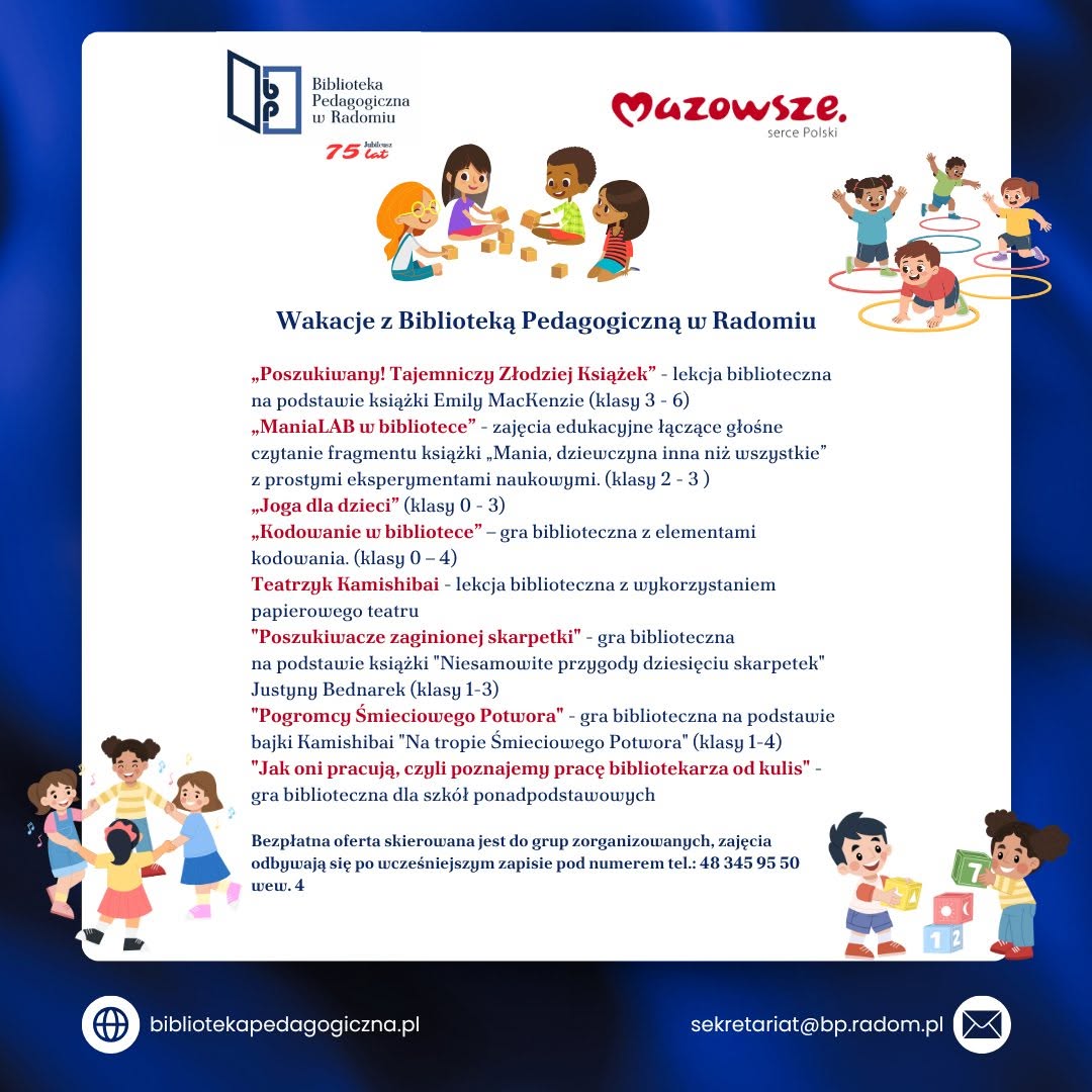 infografika: oferta zajęć wakacyjnych w Bibliotece Pedagogicznej w Radomiu w 2026 r.